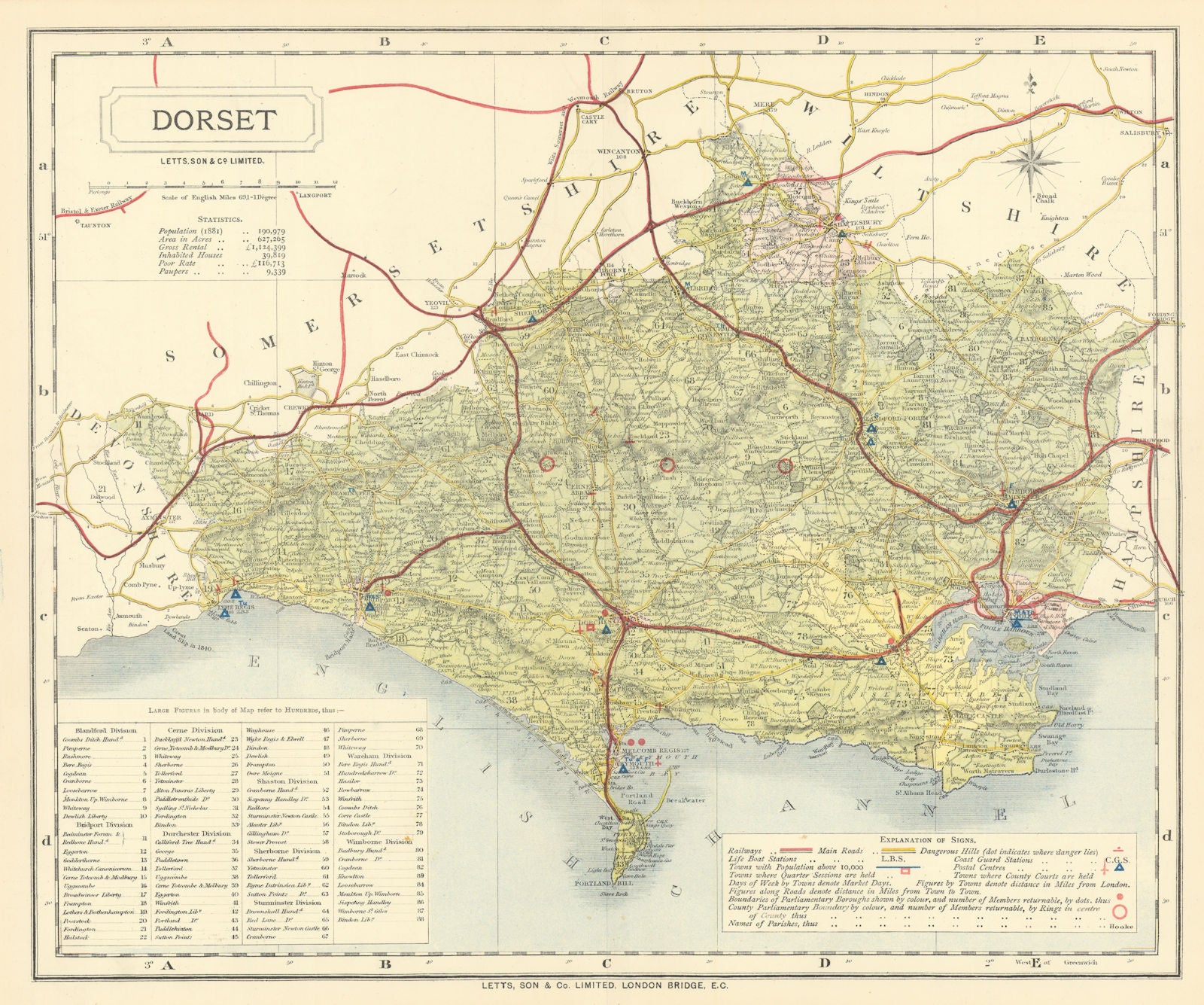 Dorset county map showing Post Towns & Market Days. LETTS 1884 old antique